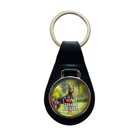I Love My German Pinscher Dog Heart Black Leather Metal Keychain