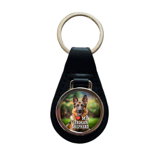 I Love My German Shepherd Dog Heart Black Leather Metal Keychain