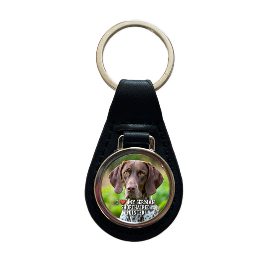 I Love My German Shorthaired Pointer Dog Heart Black Leather Metal Keychain