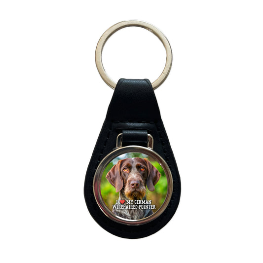 I Love My German Wirehaired Pointer Dog Heart Black Leather Metal Keychain