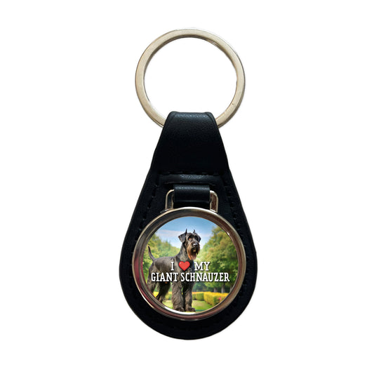 I Love My Giant Schnauzer Dog Heart Black Leather Metal Keychain