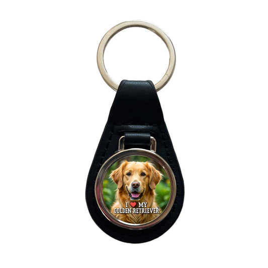 I Love My Golden Retriever Dog Heart Black Leather Metal Keychain
