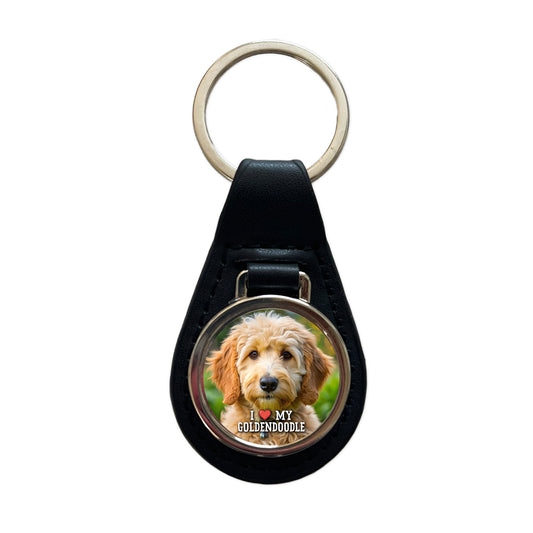 I Love My Goldendoodle Dog Heart Black Leather Metal Keychain