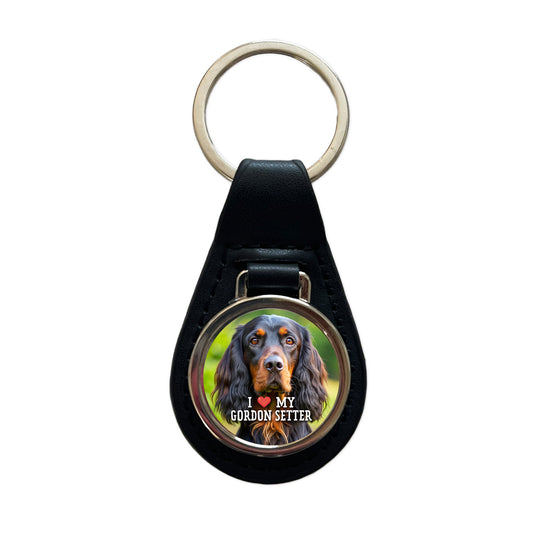 I Love My Gordon Setter Dog Heart Black Leather Metal Keychain