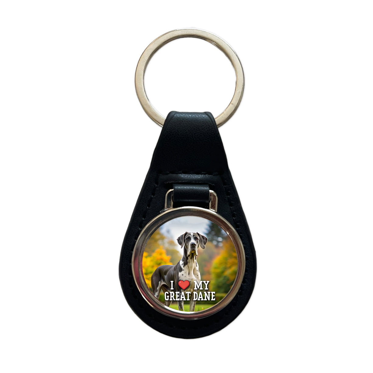 I Love My Great Dane Dog Heart Black Leather Metal Keychain