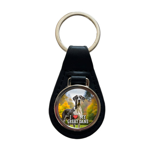 I Love My Great Dane Dog Heart Black Leather Metal Keychain