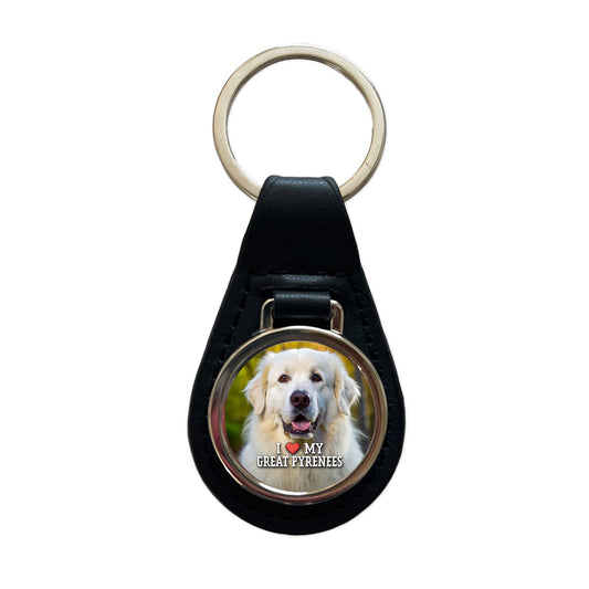 I Love My Great Pyrenees Dog Heart Black Leather Metal Keychain