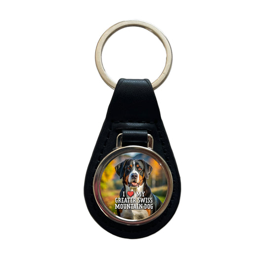 I Love My Greater Swiss Mountain Dog Heart Black Leather Metal Keychain