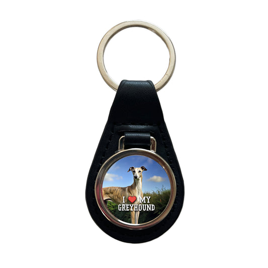 I Love My Greyhound Dog Heart Black Leather Metal Keychain