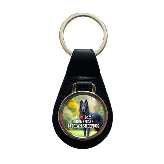 I Love My Groenendael Belgian Sheepdog Dog Heart Black Leather Metal Keychain