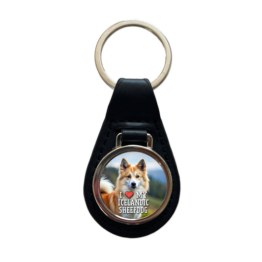 I Love My Icelandic Sheepdog Dog Heart Black Leather Metal Keychain