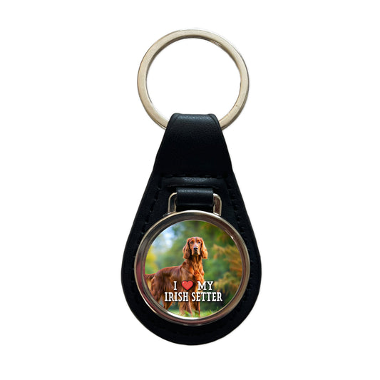 I Love My Irish Setter Dog Heart Black Leather Metal Keychain