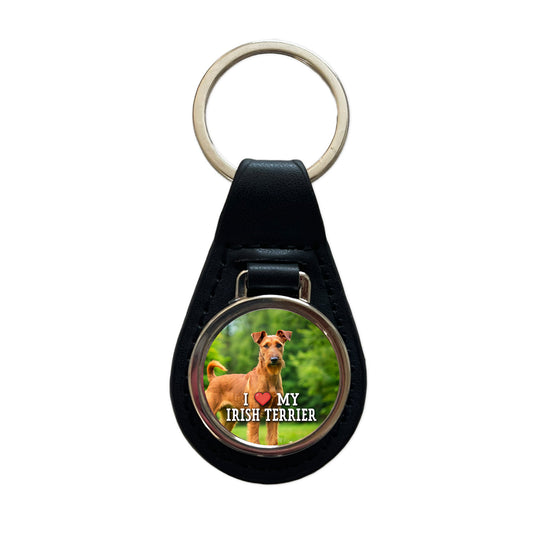 I Love My Irish Terrier Dog Heart Black Leather Metal Keychain