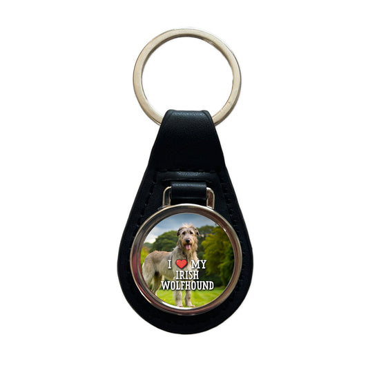 I Love My Irish Wolfhound Dog Heart Black Leather Metal Keychain