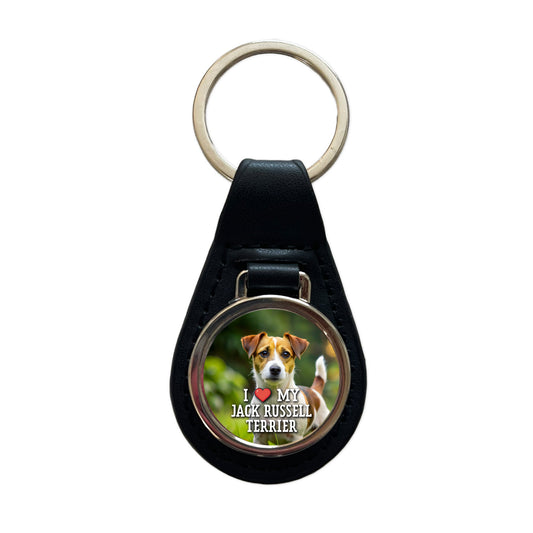 I Love My Jack Russell Terrier Dog Heart Black Leather Metal Keychain
