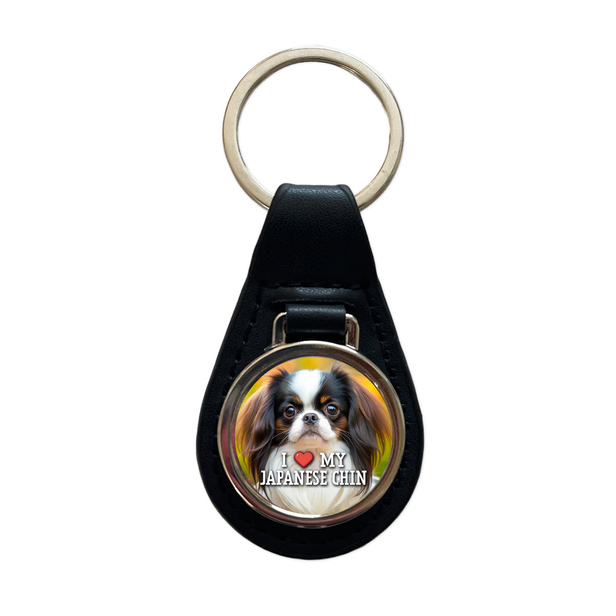 I Love My Japanese Chin Dog Heart Black Leather Metal Keychain