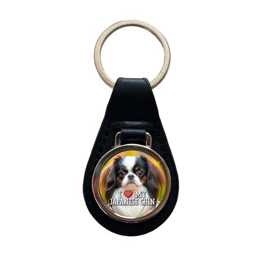 I Love My Japanese Chin Dog Heart Black Leather Metal Keychain