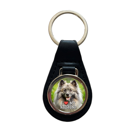 I Love My Keeshond Dog Heart Black Leather Metal Keychain