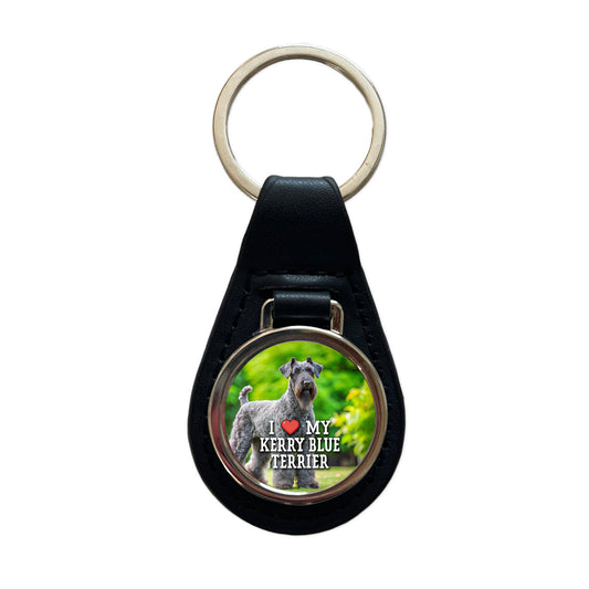 I Love My Kerry Blue Terrier Dog Heart Black Leather Metal Keychain