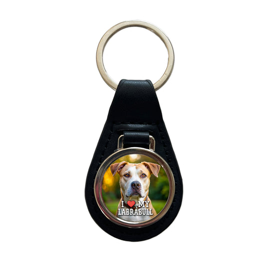 I Love My Labrabull Dog Heart Black Leather Metal Keychain