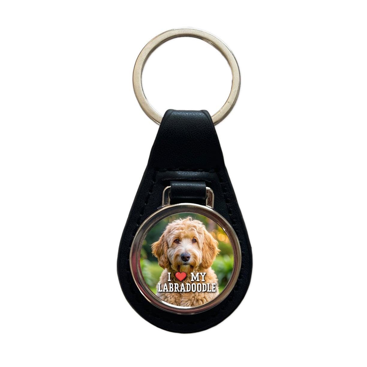 I Love My Labradoodle Dog Heart Black Leather Metal Keychain