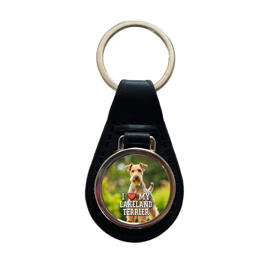 I Love My Lakeland Terrier Dog Heart Black Leather Metal Keychain
