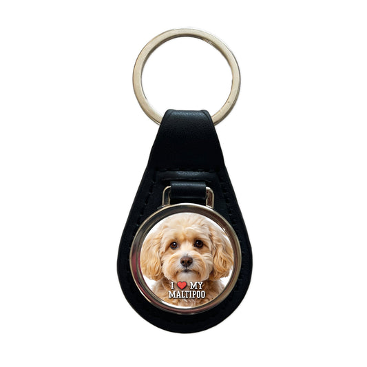 I Love My Maltipoo Dog Heart Black Leather Metal Keychain