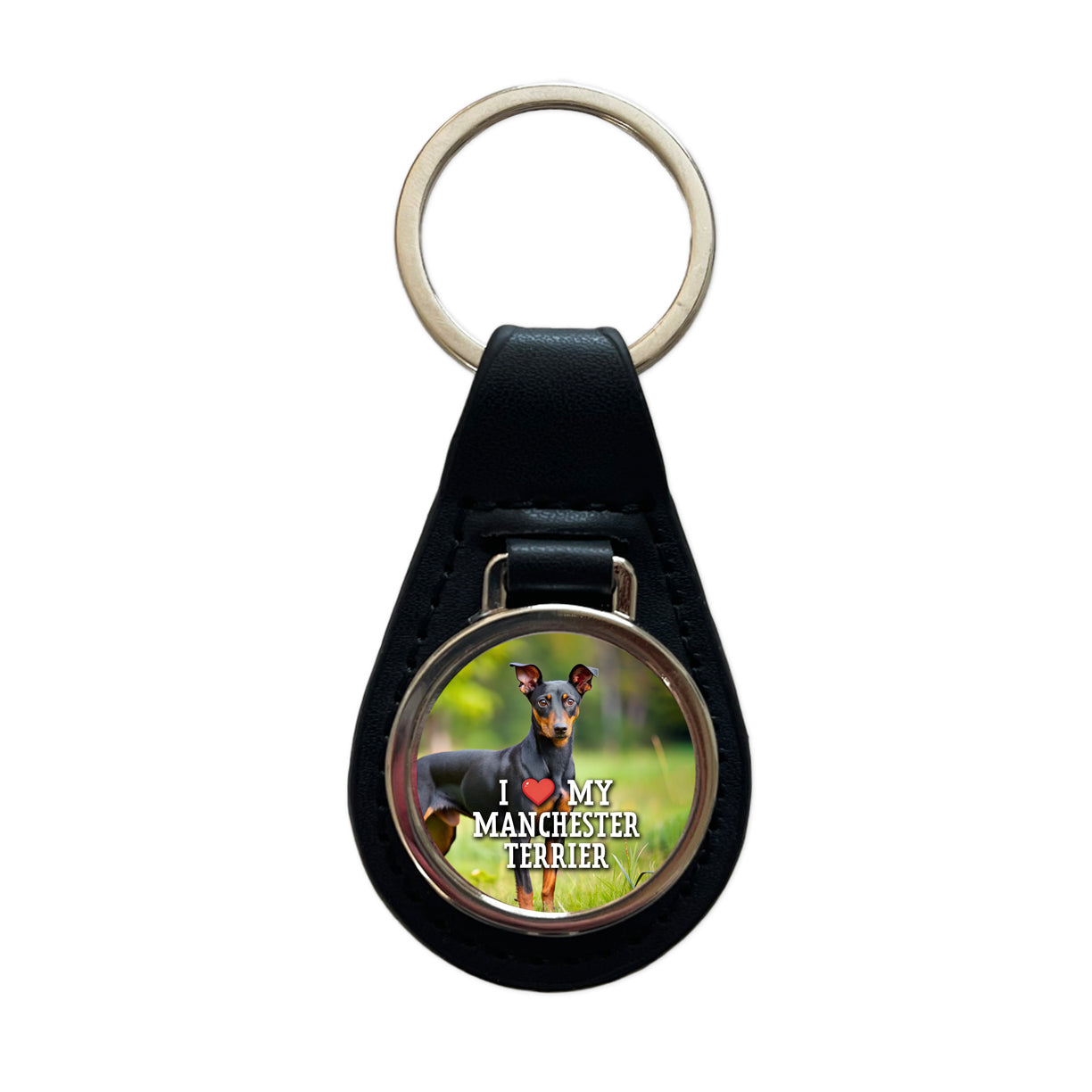 I Love My Manchester Terrier Dog Heart Black Leather Metal Keychain