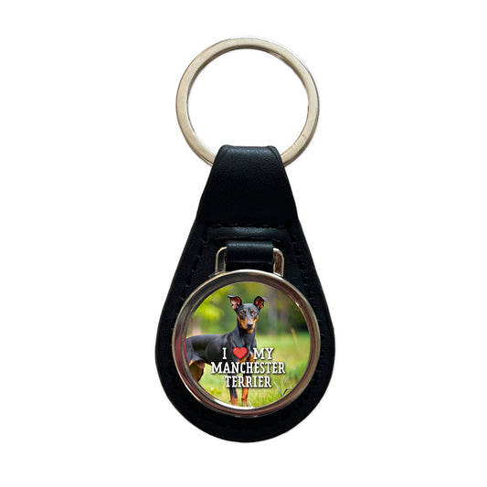 I Love My Manchester Terrier Dog Heart Black Leather Metal Keychain