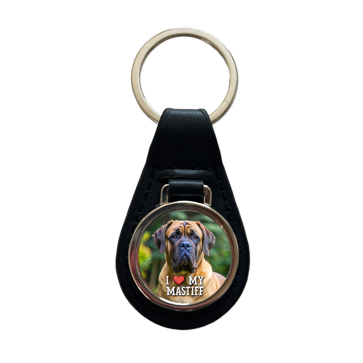 I Love My Mastiff Dog Heart Black Leather Metal Keychain