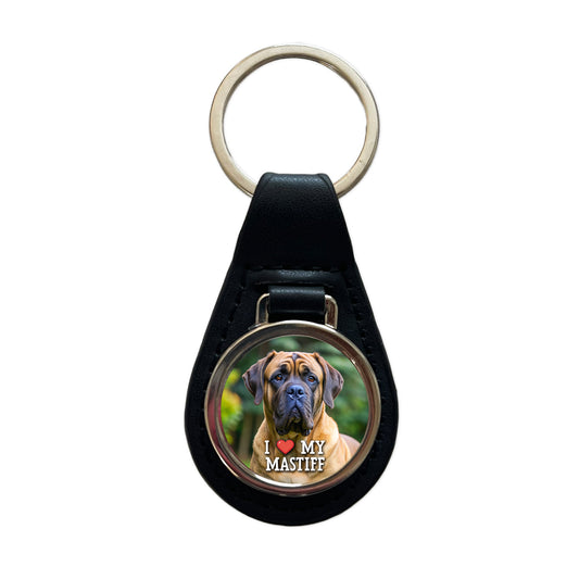 I Love My Mastiff Dog Heart Black Leather Metal Keychain