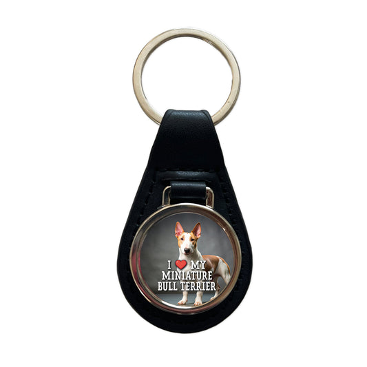 I Love My Miniature Bull Terrier Dog Heart Black Leather Metal Keychain