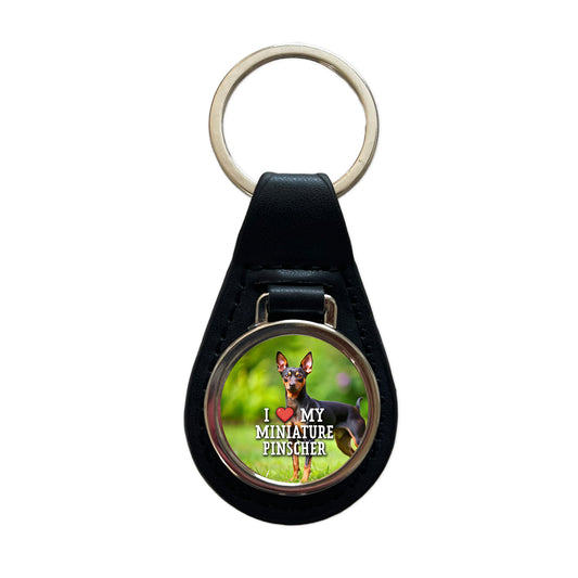 I Love My Miniature Pinscher Dog Heart Black Leather Metal Keychain