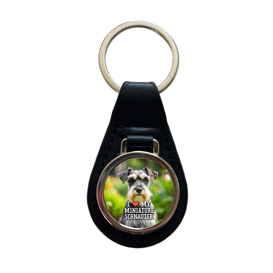 I Love My Miniature Schnauzer Dog Heart Black Leather Metal Keychain