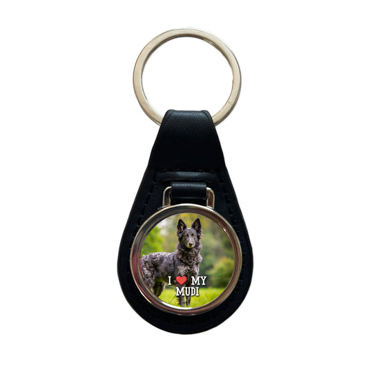 I Love My Mudi Dog Heart Black Leather Metal Keychain