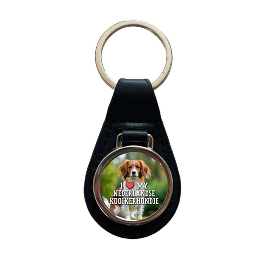 I Love My Nederlandse Kooikerhondje Dog Heart Black Leather Metal Keychain