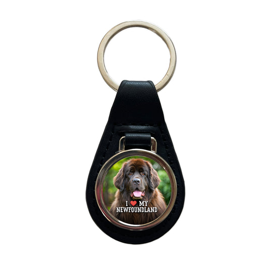 I Love My Newfoundland Dog Heart Black Leather Metal Keychain
