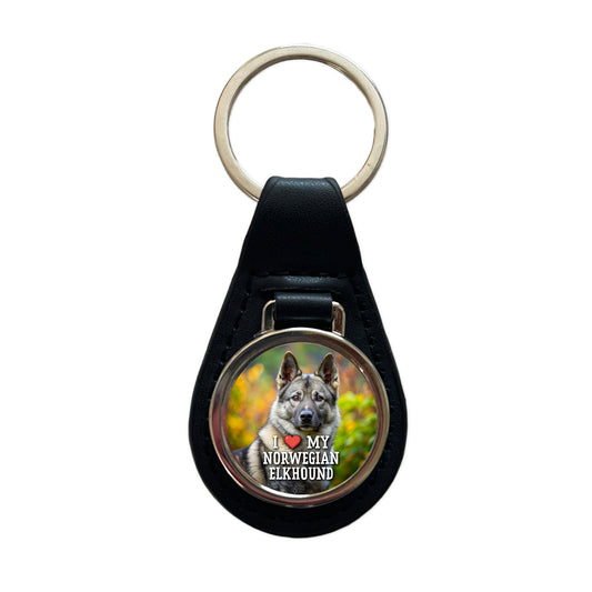 I Love My Norwegian Elkhound Dog Heart Black Leather Metal Keychain