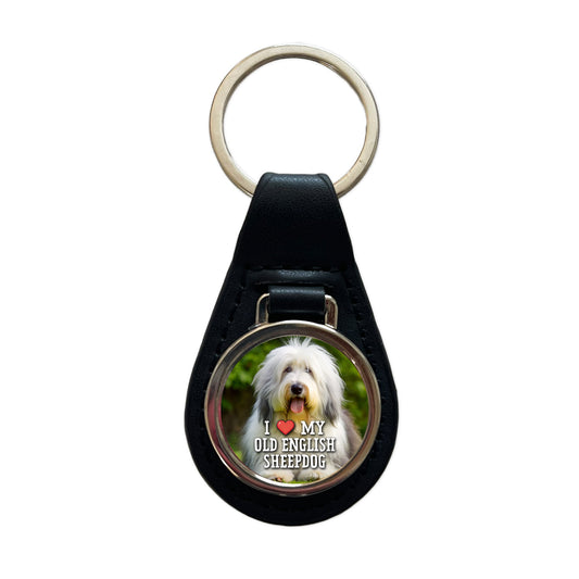 I Love My Old English Sheepdog Dog Heart Black Leather Metal Keychain
