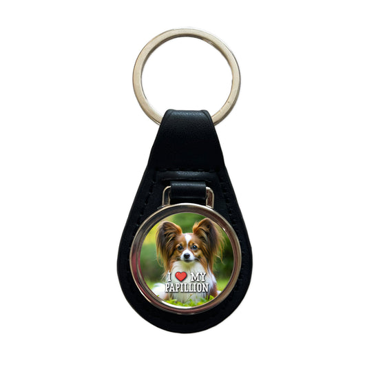 I Love My Papillion Dog Heart Black Leather Metal Keychain