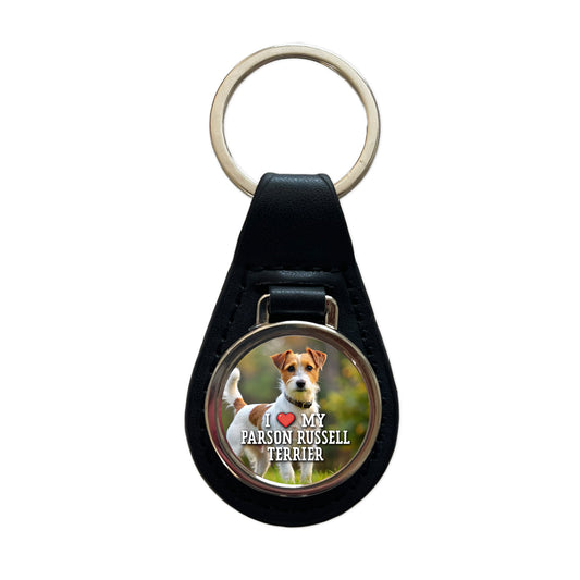 I Love My Parson Russell Terrier Dog Heart Black Leather Metal Keychain