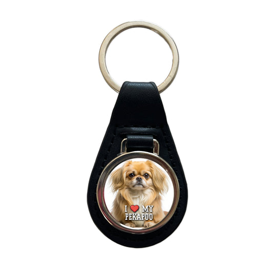 I Love My Pekapoo Dog Heart Black Leather Metal Keychain