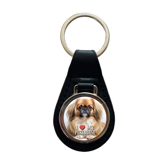 I Love My Pekingese Dog Heart Black Leather Metal Keychain