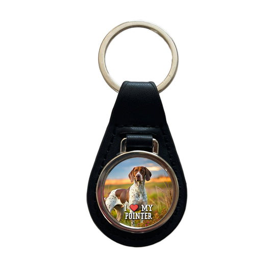I Love My Pointer Dog Heart Black Leather Metal Keychain