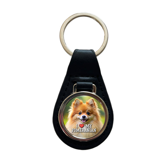 I Love My Pomeranian Dog Heart Black Leather Metal Keychain