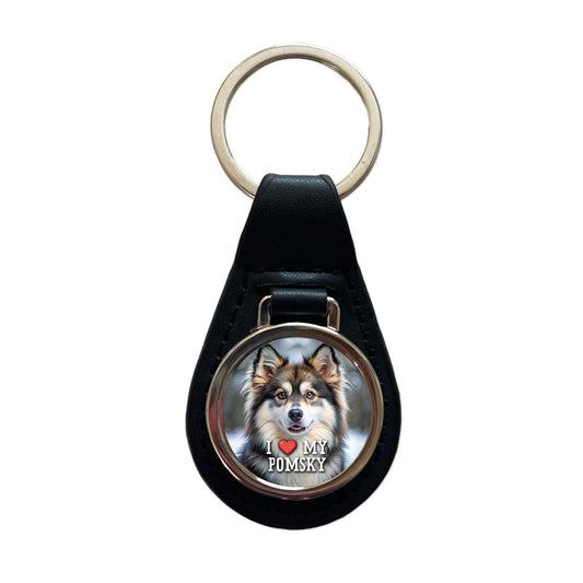 I Love My Pomsky Dog Heart Black Leather Metal Keychain