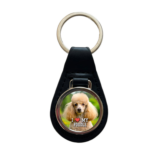 I Love My Poodle Dog Heart Black Leather Metal Keychain