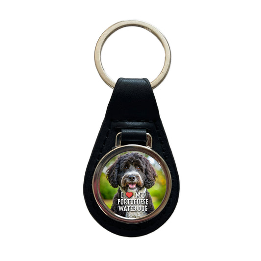 I Love My Portuguese Water Dog Heart Black Leather Metal Keychain
