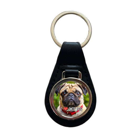 I Love My Pug Dog Heart Black Leather Metal Keychain