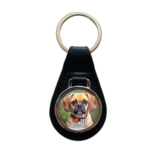 I Love My Puggle Dog Heart Black Leather Metal Keychain